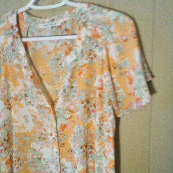 Rose & Olive Blouse Women L Short Sleeve Button Up Feminine Floral Orange Green - Picture 3 of 13